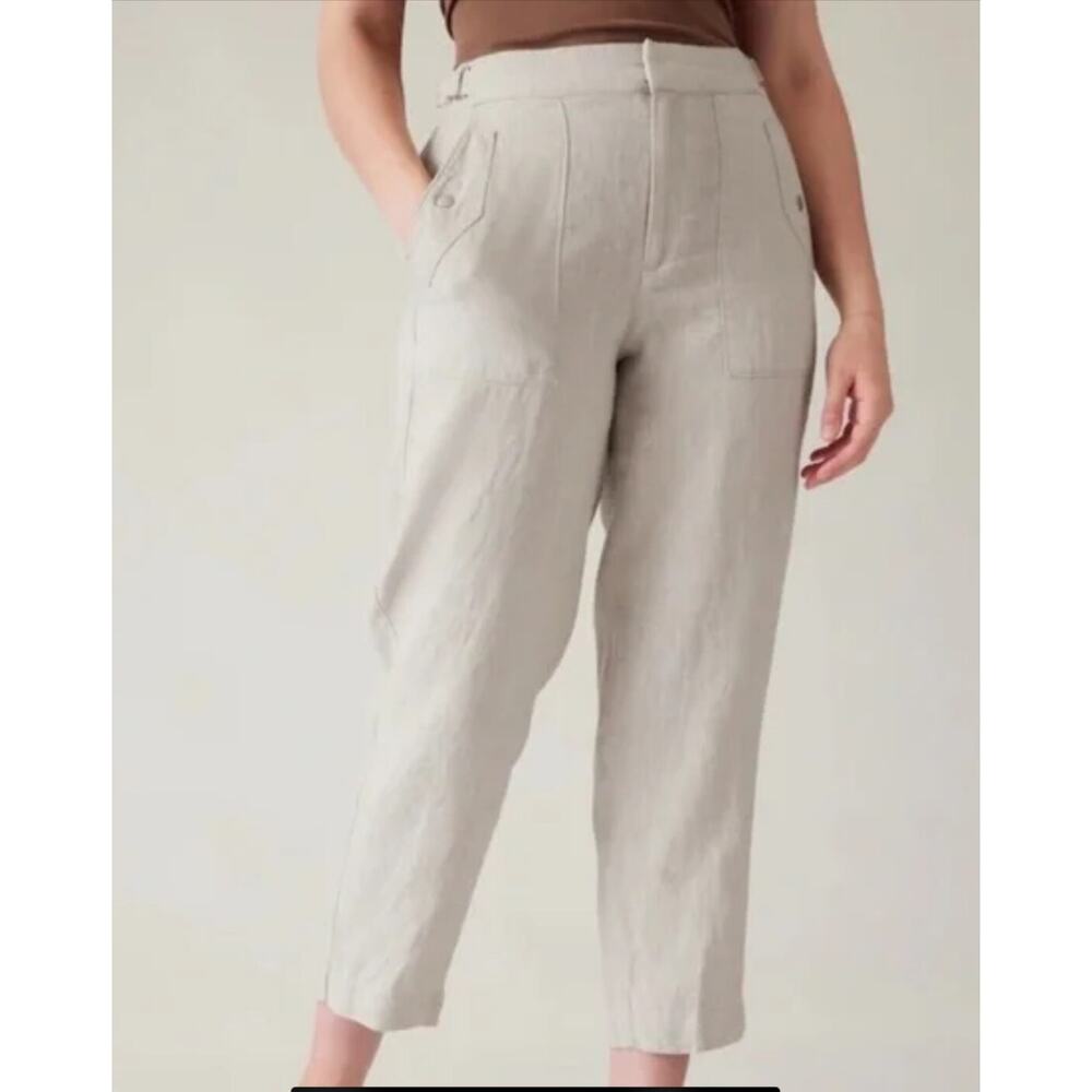 Athleta Voyager Linen Pant Women's 6 in Beige Tan Green High Rise Casual Resort